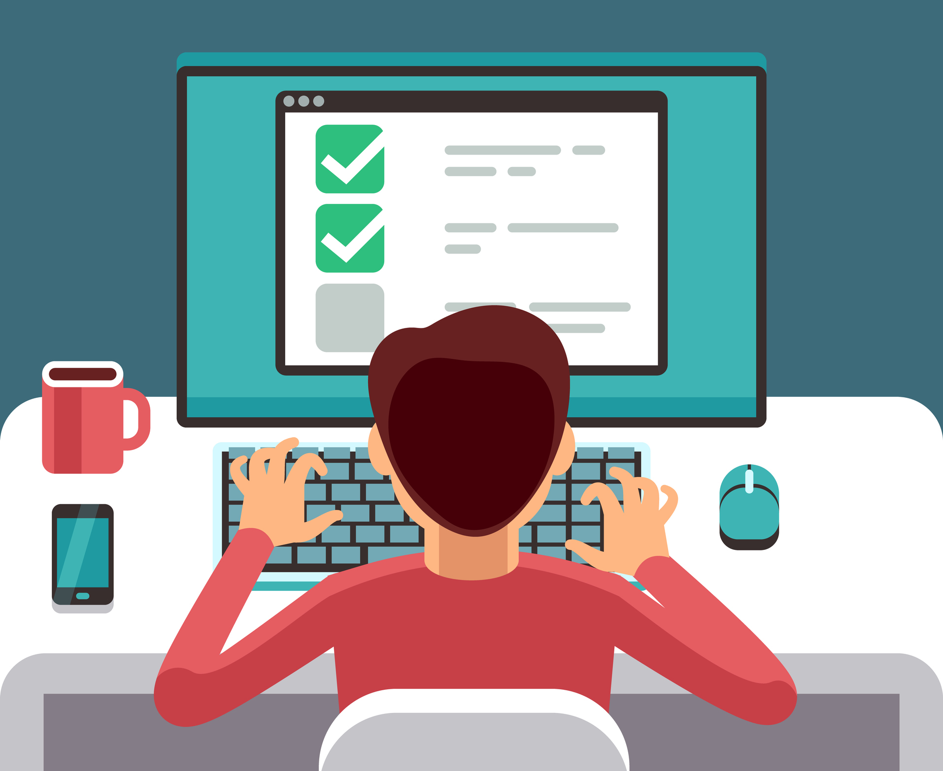 Man at computer filling online questionnaire form. Survey vector flat concept Man at computer filling online questionnaire form. Survey vector flat concept. Feedback and questionnaire online, survey and report illustration